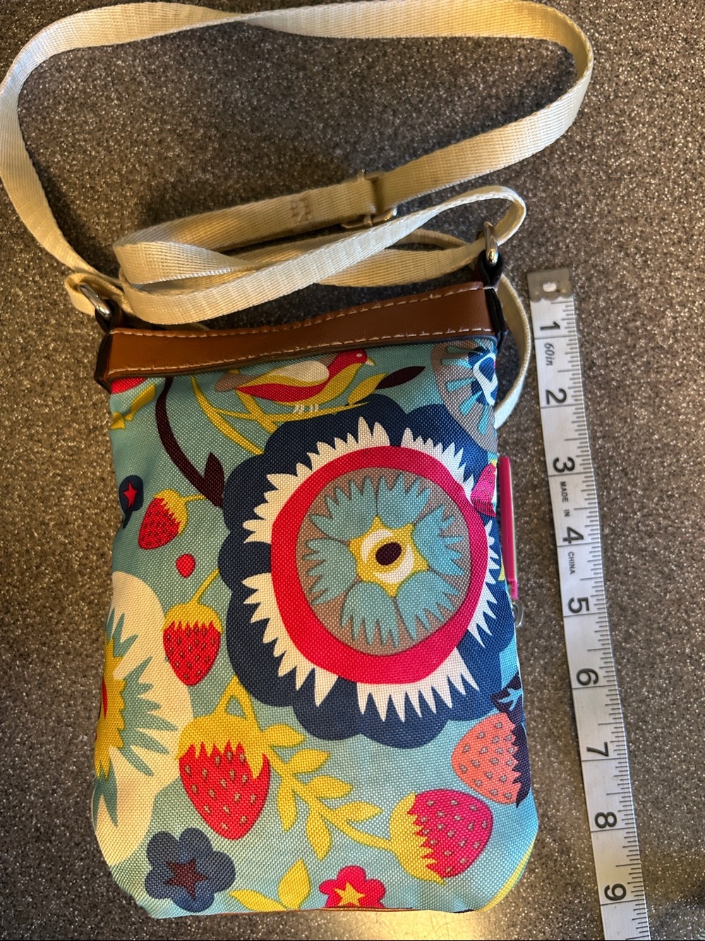 Lily Bloom Teal Floral Multi-Color Crossbody Bag with Brown Trim - Picture 2 of 4